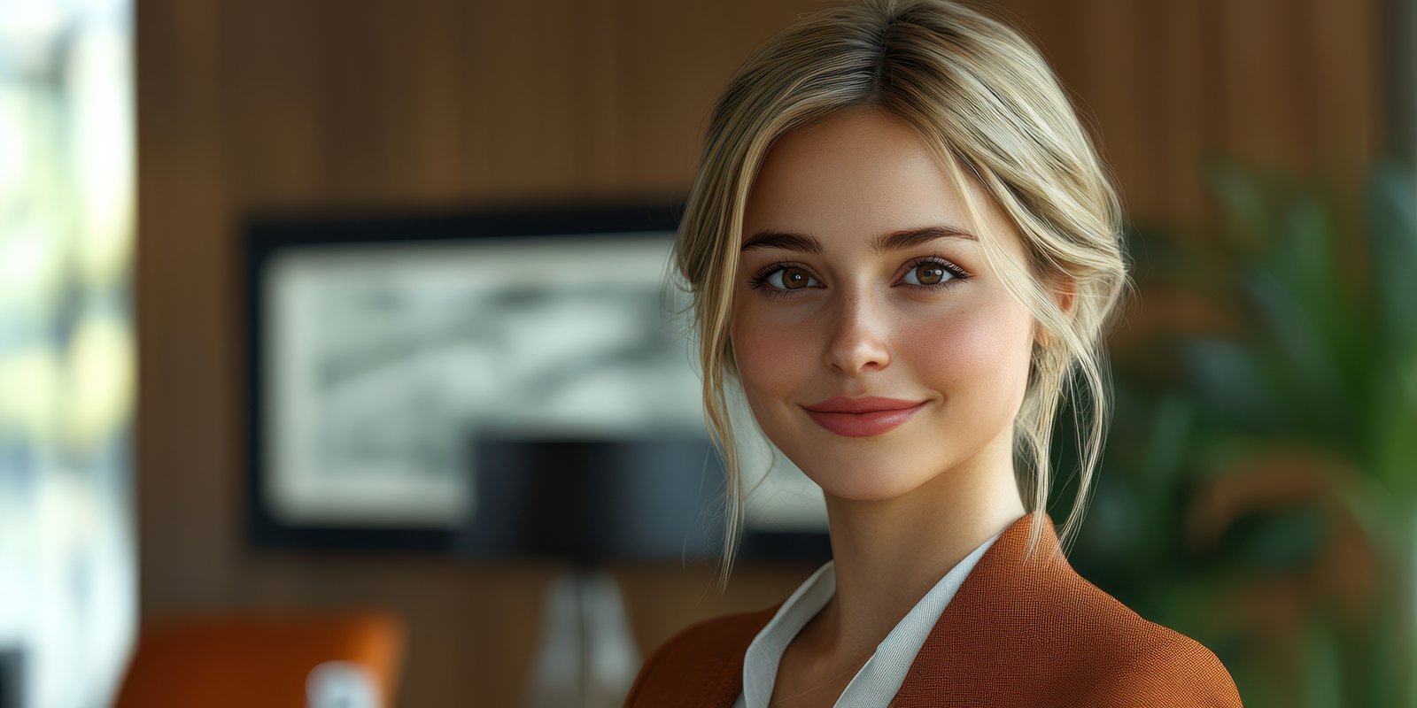 Professional woman smiling in a modern office setting during the day with greenery in the background